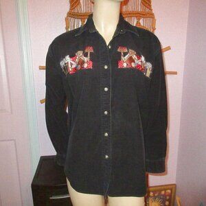 Vtg Black Corduroy Tunic Top Womens Size S Embroidered Cats Button Up 90s Y2K